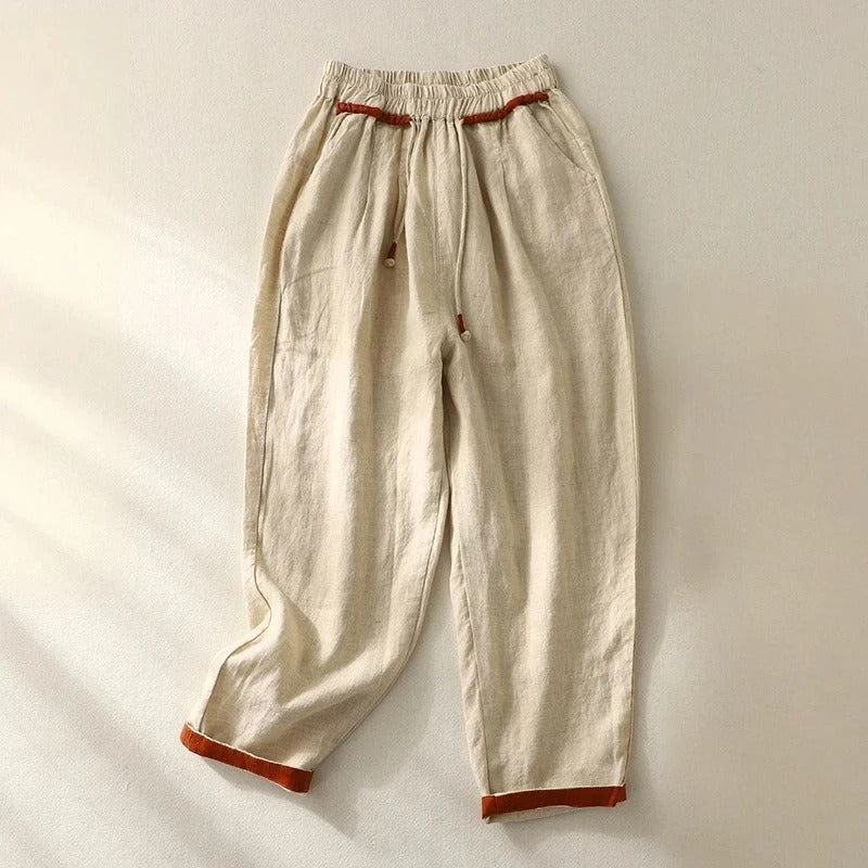 Contrast Hem Drawstring Elasticated Tapered Linen Pant