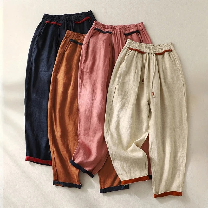 Contrast Hem Drawstring Elasticated Tapered Linen Pant