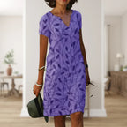 Leaf Print V Neck Short Sleeve Casual Midi Dress