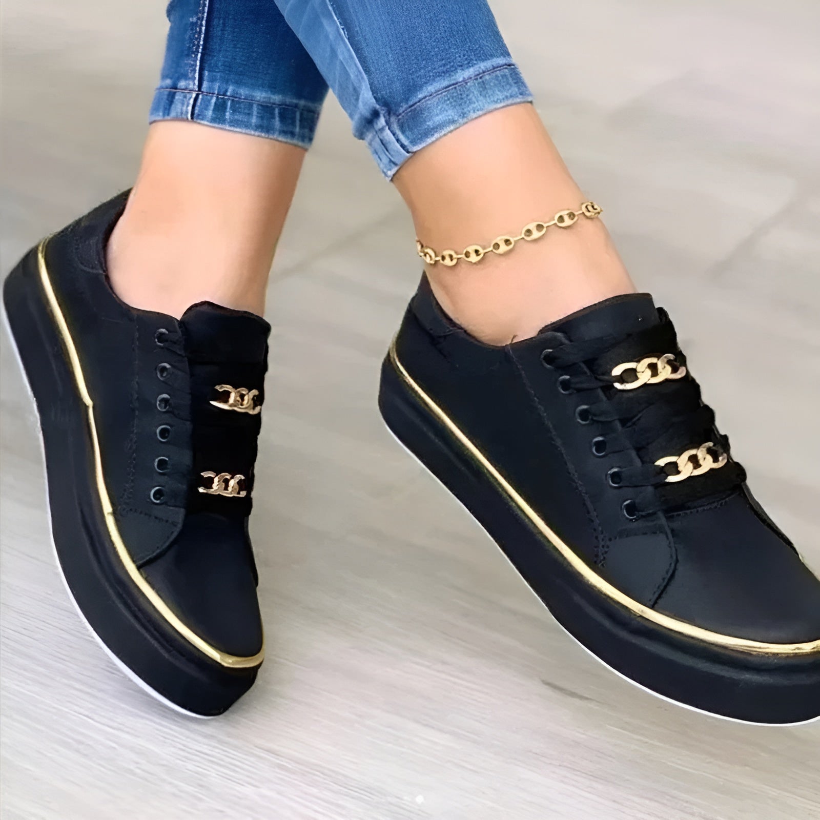Gold Trim Chain Lace Flatform Casual Sneaker