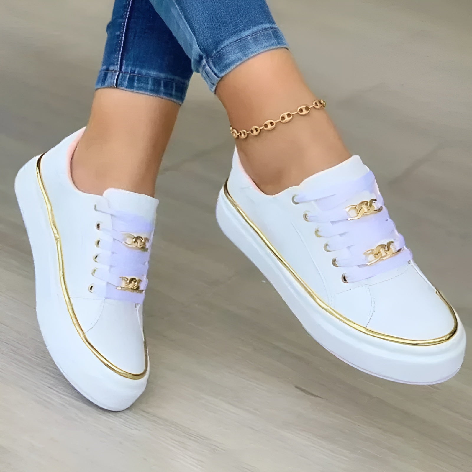 Gold Trim Chain Lace Flatform Casual Sneaker