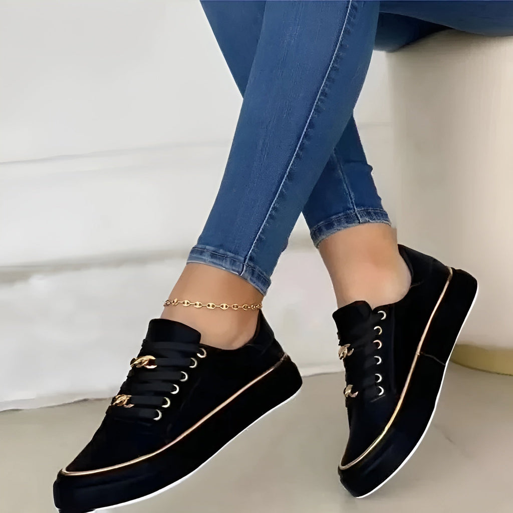 Gold Trim Chain Lace Flatform Casual Sneaker