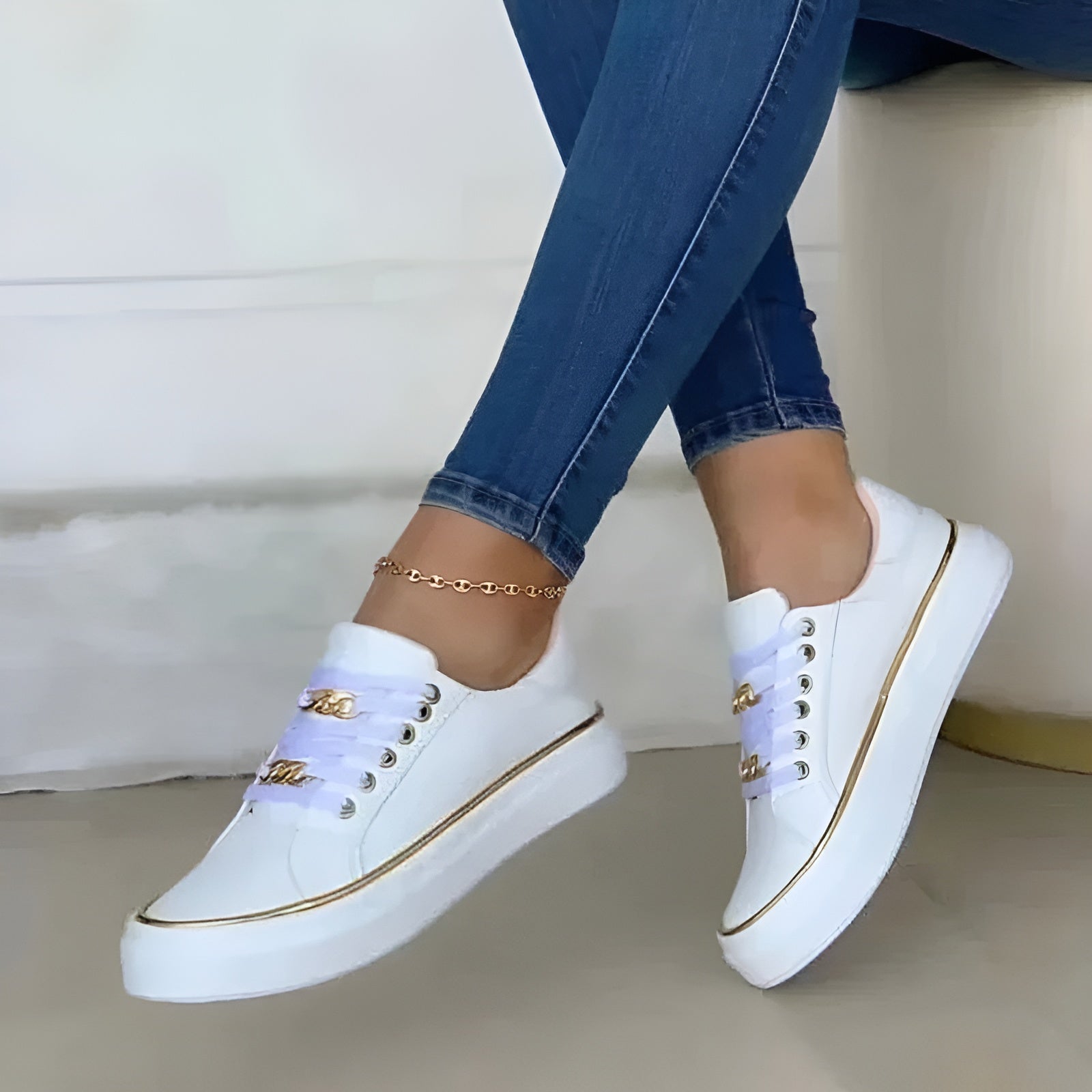 Gold Trim Chain Lace Flatform Casual Sneaker