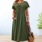 Pintuck Pleat Short Sleeve Pocket Casual Maxi Dress