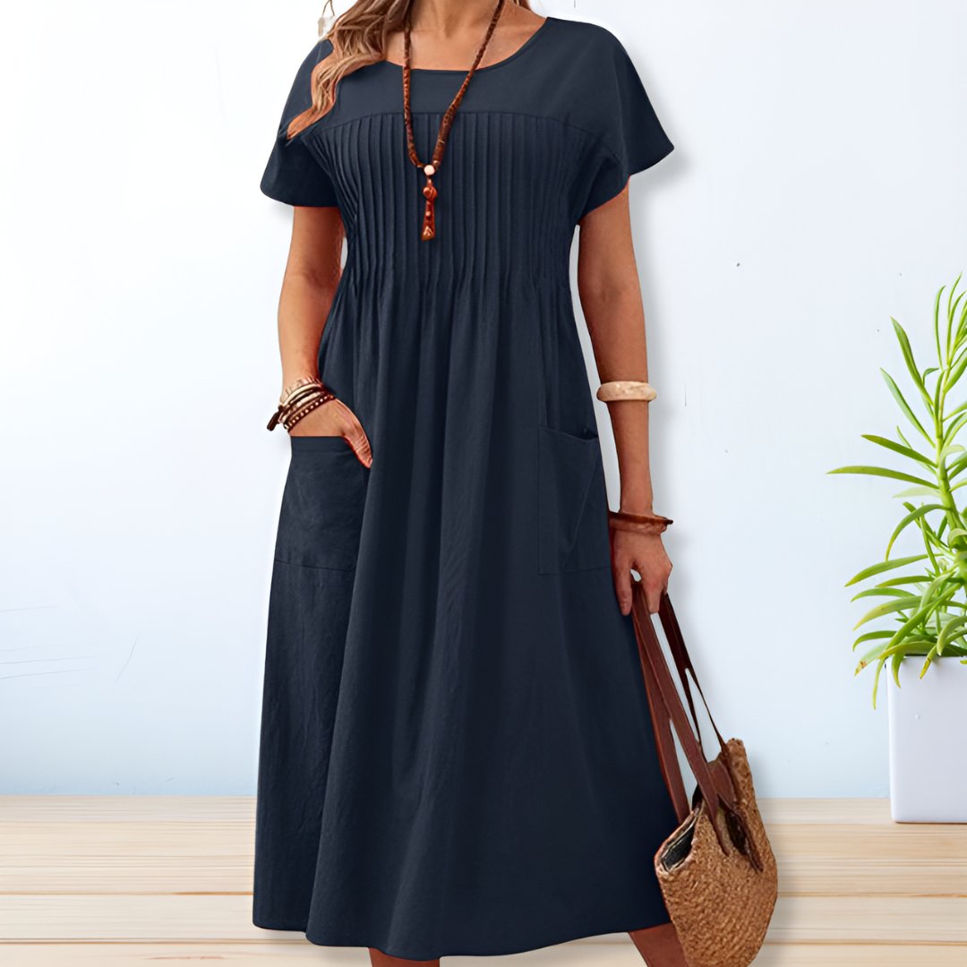 Pintuck Pleat Short Sleeve Pocket Casual Maxi Dress