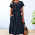 Pintuck Bodice Short Sleeve Dual Pocket Casual Maxi Dress