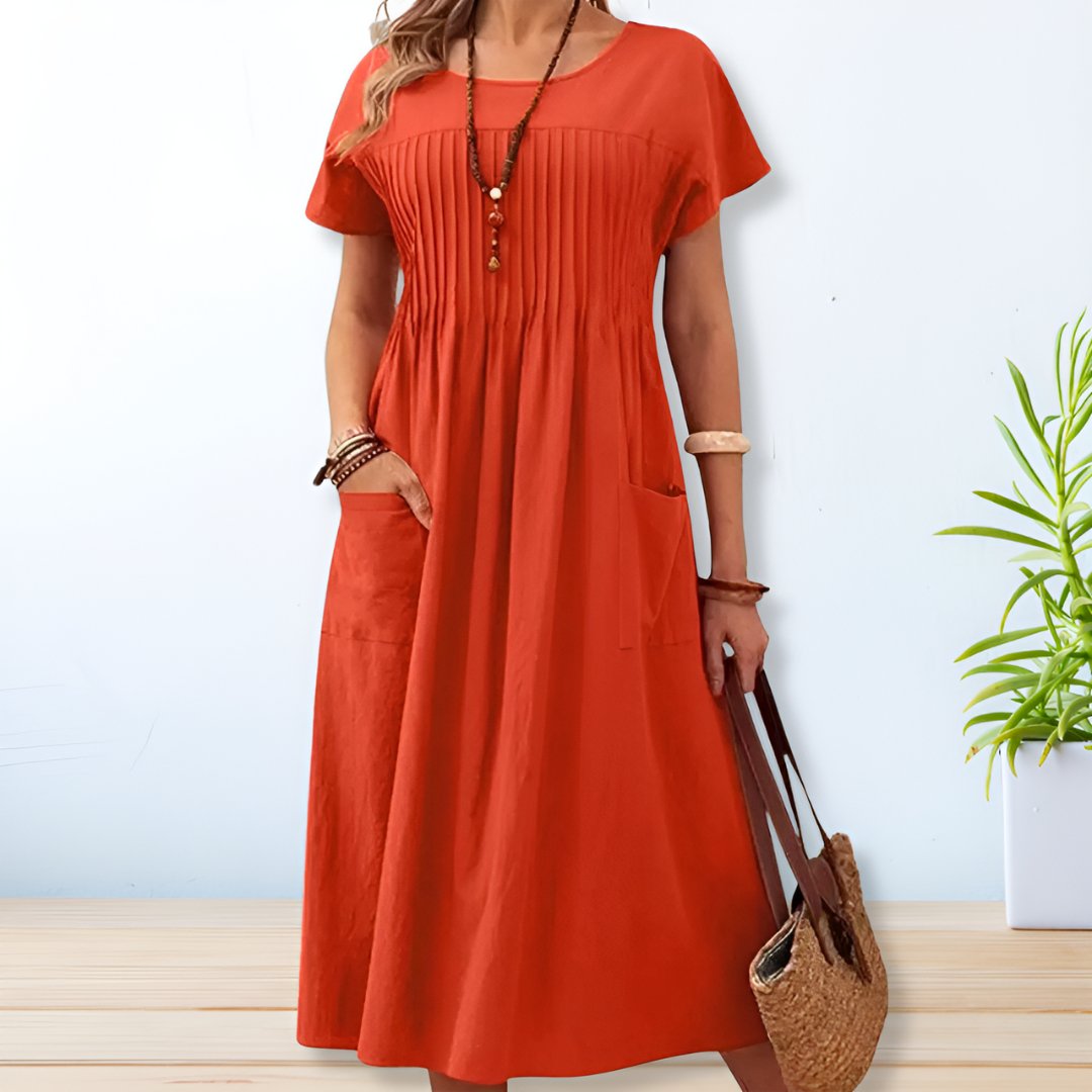 Pintuck Bodice Short Sleeve Dual Pocket Casual Maxi Dress