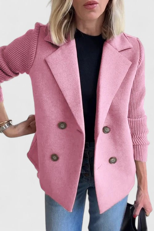 Double Breasted Knit Sleeve Notch Lapel Wool Blazer