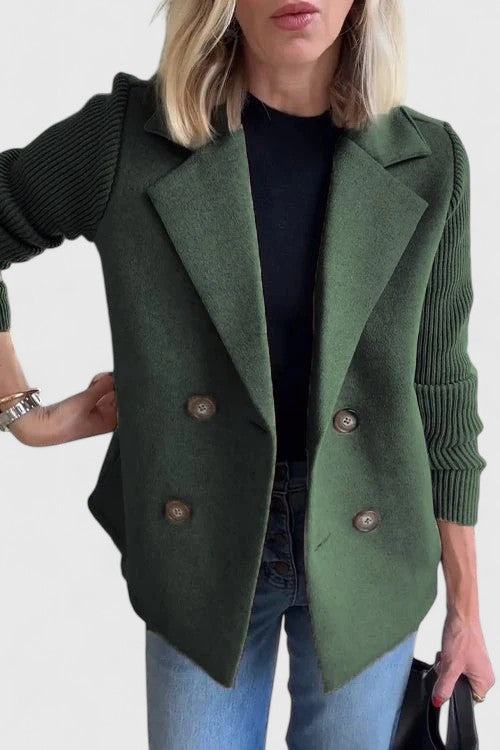Double Breasted Knit Sleeve Notch Lapel Wool Blazer