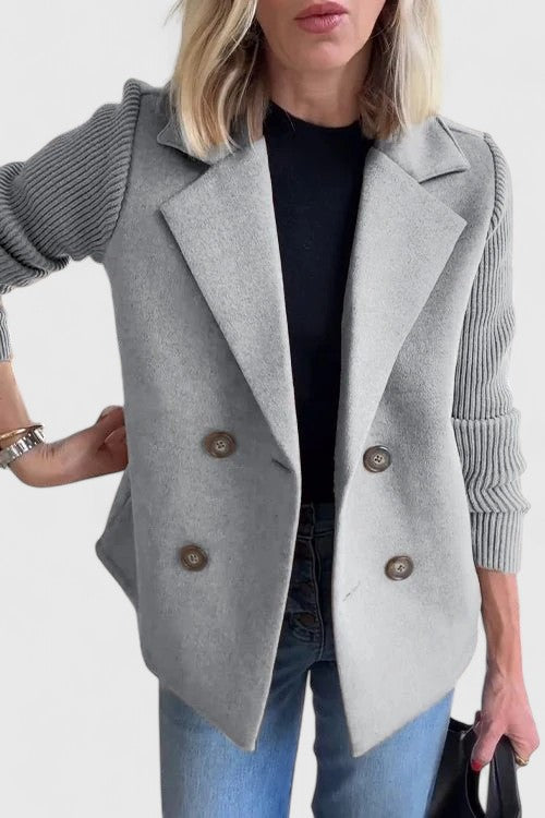 Double Breasted Knit Sleeve Notch Lapel Wool Blazer