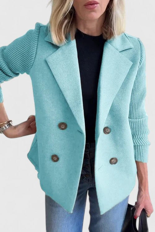 Double Breasted Knit Sleeve Notch Lapel Wool Blazer