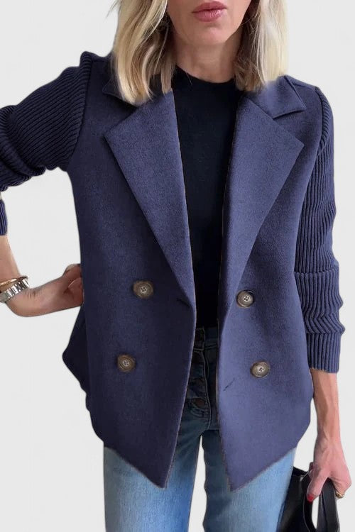 Double Breasted Knit Sleeve Notch Lapel Wool Blazer