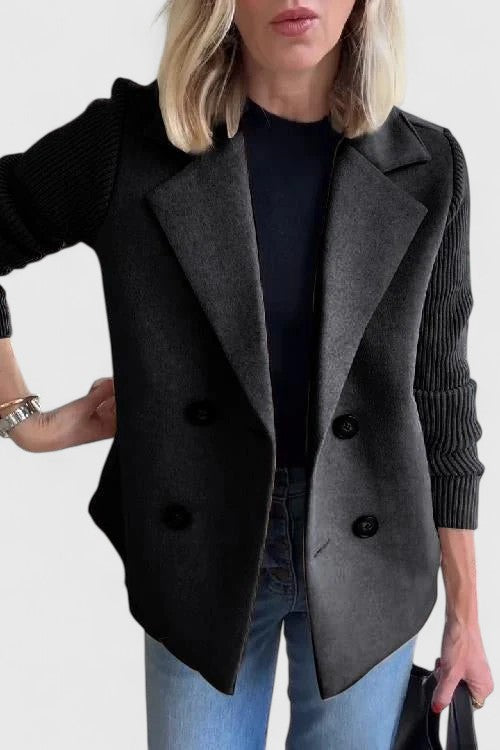 Double Breasted Knit Sleeve Notch Lapel Wool Blazer