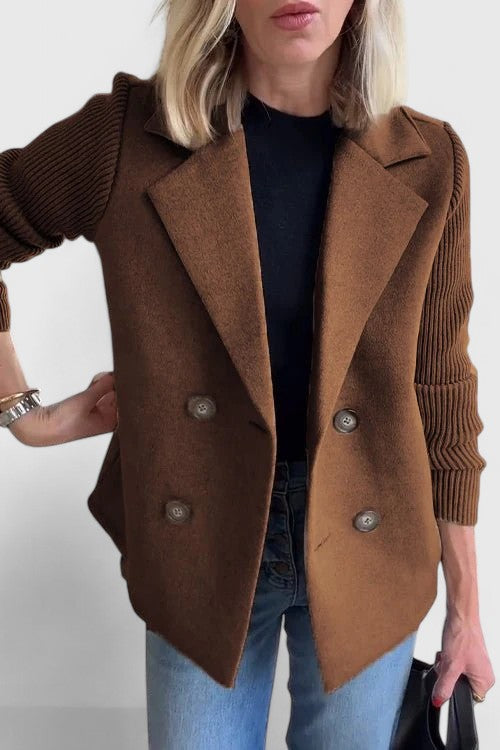 Double Breasted Knit Sleeve Notch Lapel Wool Blazer