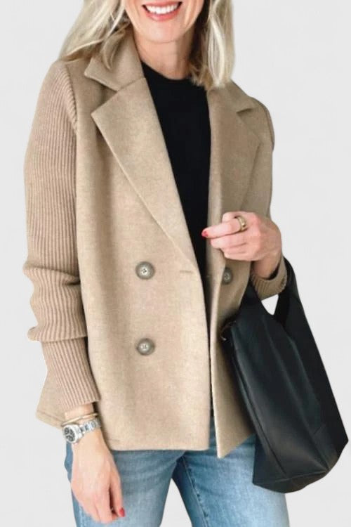 Double Breasted Knit Sleeve Notch Lapel Wool Blazer