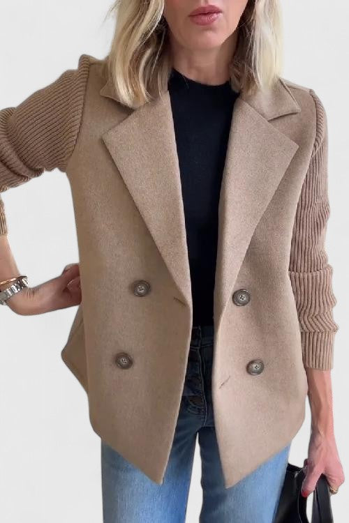 Double Breasted Knit Sleeve Notch Lapel Wool Blazer