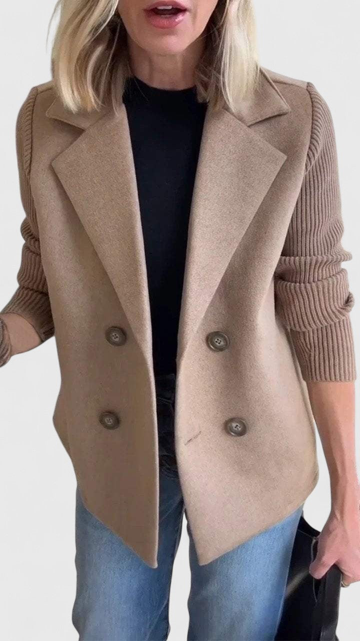 Double Breasted Knit Sleeve Notch Lapel Wool Blazer