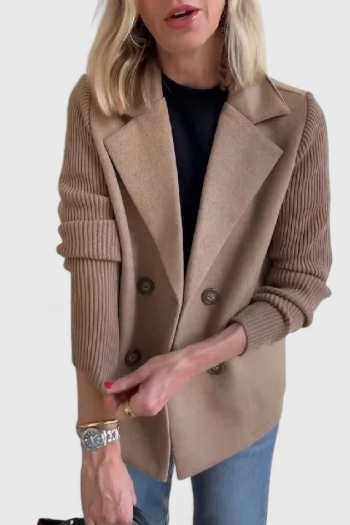 Double Breasted Knit Sleeve Notch Lapel Wool Blazer