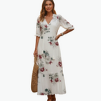 Ikat Print Tassel Tie V-Neck Boho Maxi Dress
