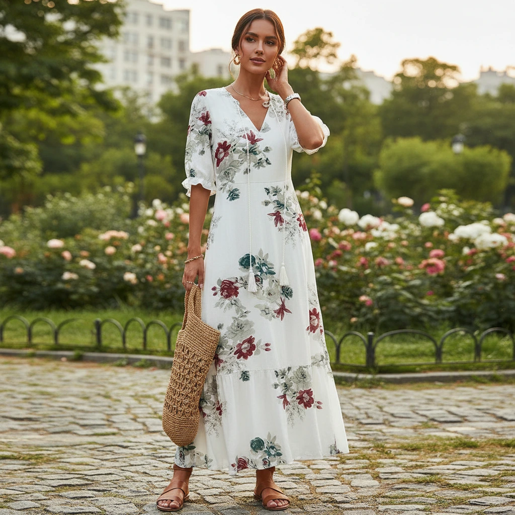 Ikat Print Tassel Tie V-Neck Boho Maxi Dress