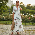 Ikat Print Tassel Tie V-Neck Boho Maxi Dress
