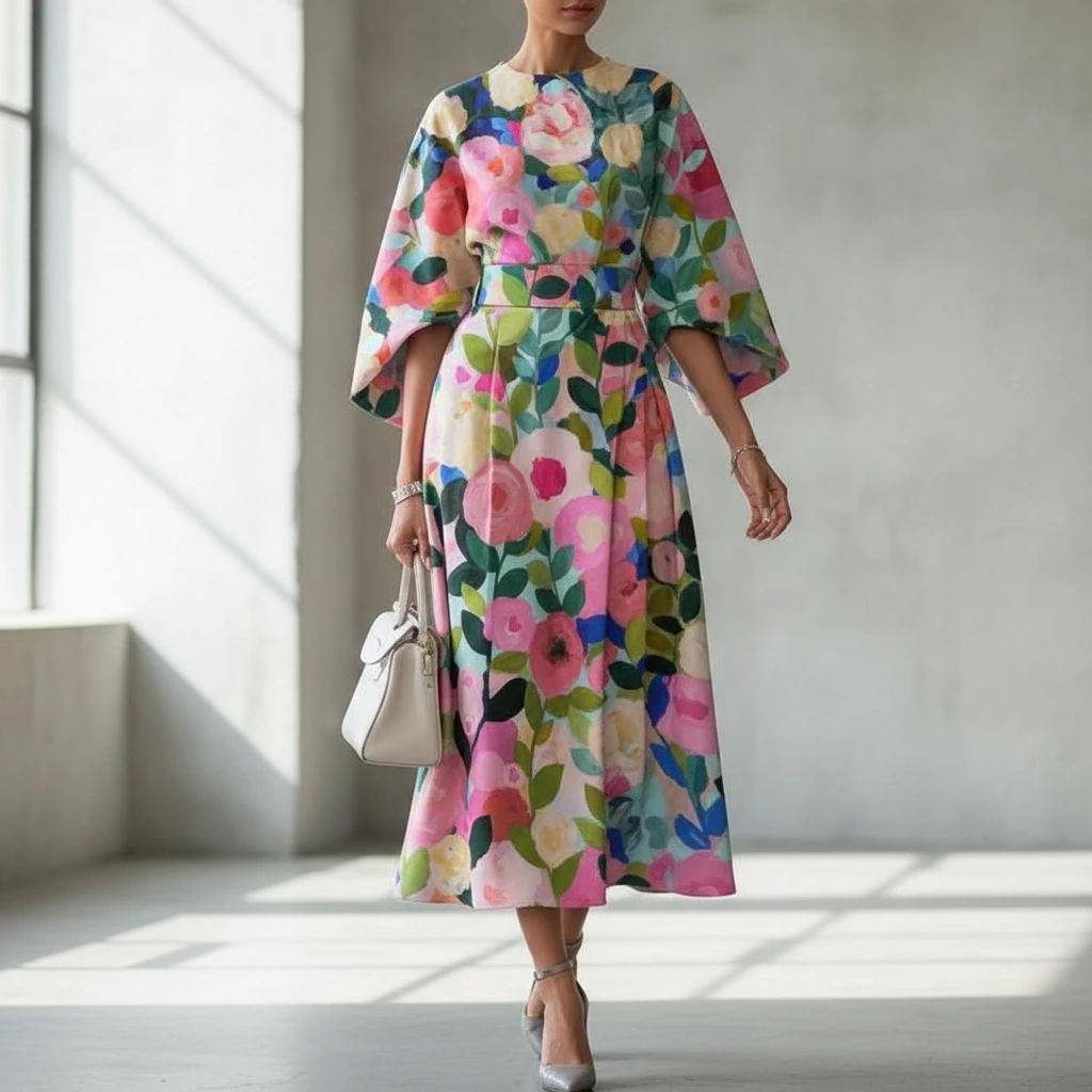 Painterly Floral Puff Sleeve A Line Midi Dress - Wedding Guest