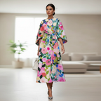 Painterly Floral Puff Sleeve A Line Midi Dress - Wedding Guest