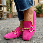 Horsebit Buckle Contrast Trim Suede Square Toe Flat Loafer