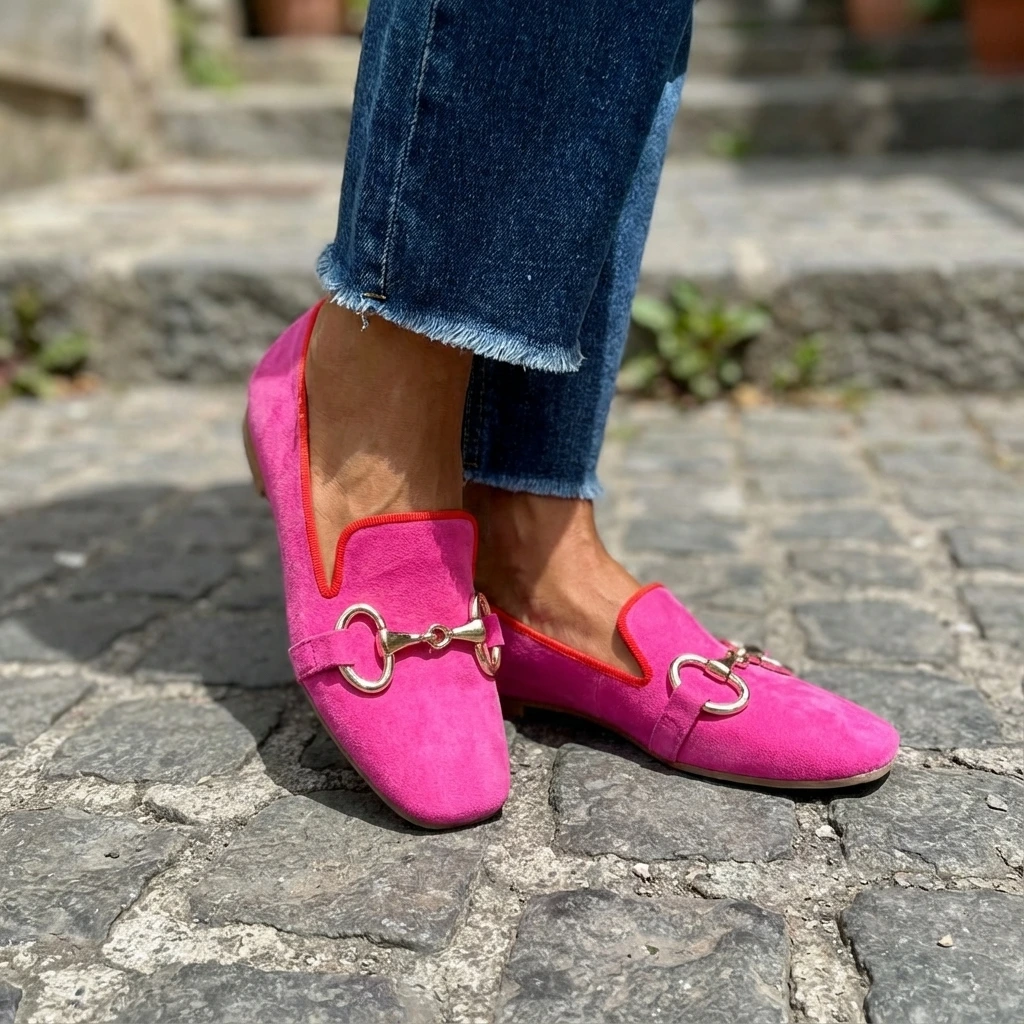 Horsebit Buckle Contrast Trim Suede Square Toe Flat Loafer