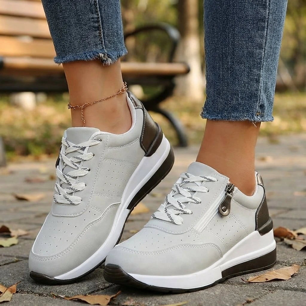 Perforated Side Zip Lace Up Casual Platform Sneaker