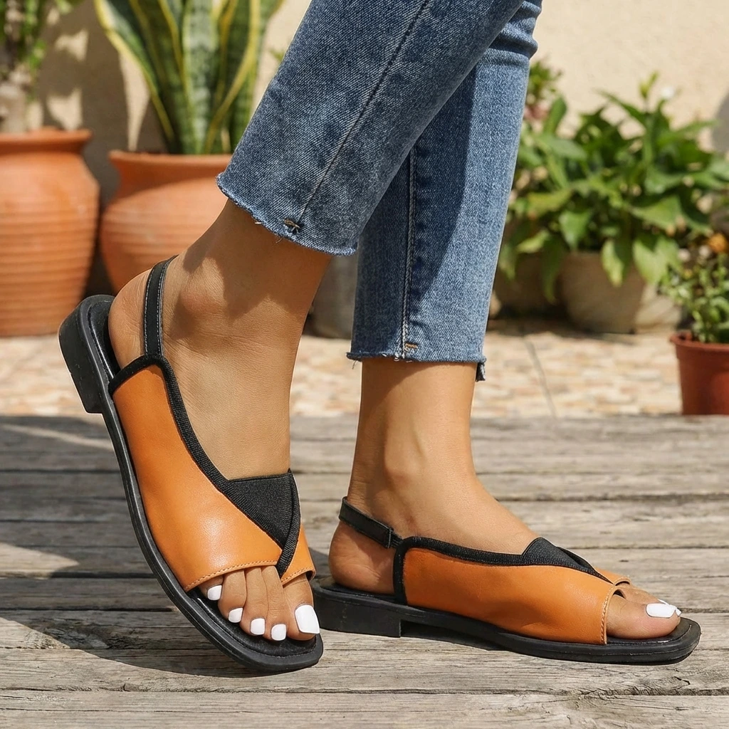 Two Tone Leather Elastic Slingback Flat Sandal