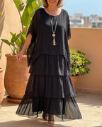 Chiffon Tiered Ruffle Batwing Sleeve Flowy Maxi Dress