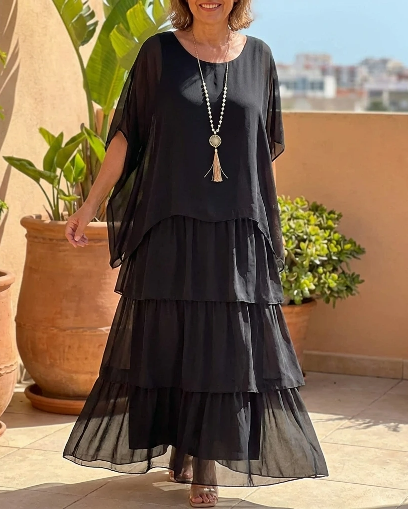 Chiffon Tiered Ruffle Batwing Sleeve Flowy Maxi Dress