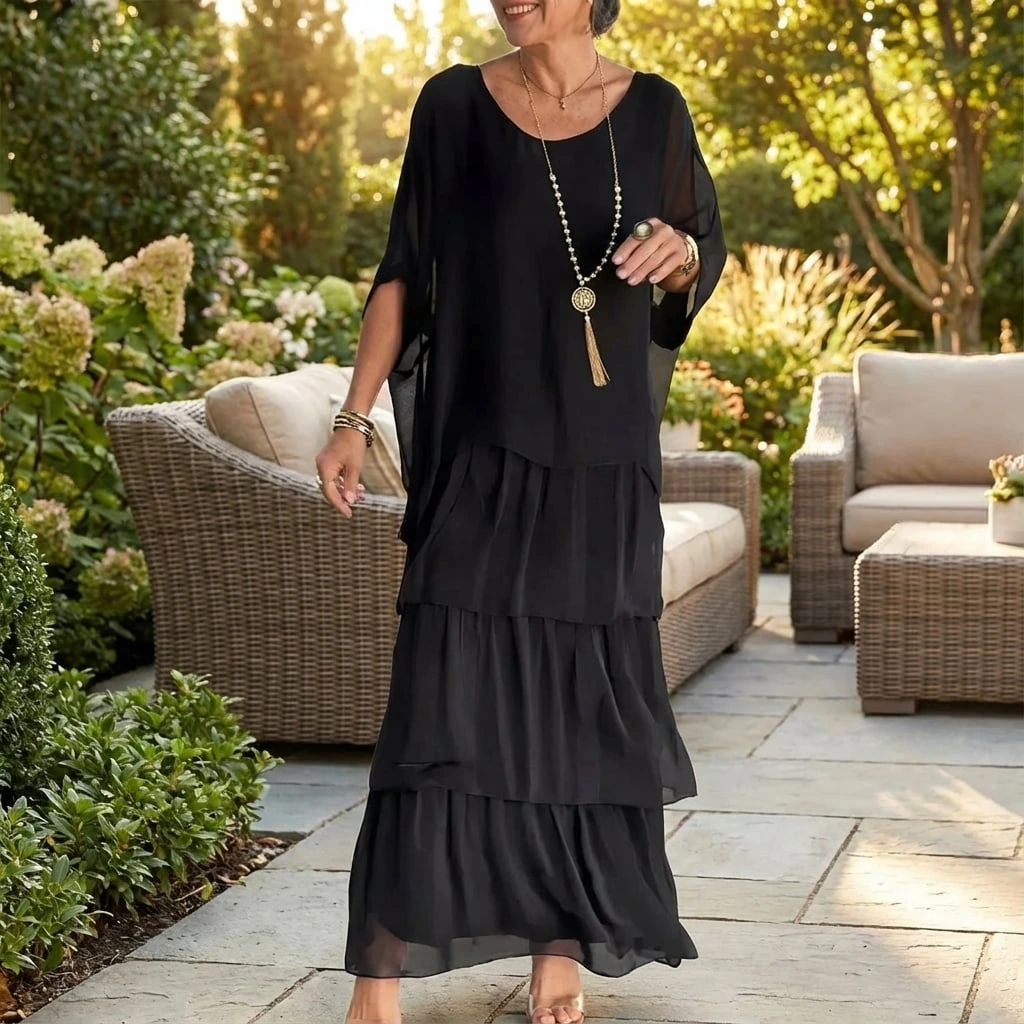 Chiffon Tiered Ruffle Batwing Sleeve Flowy Maxi Dress