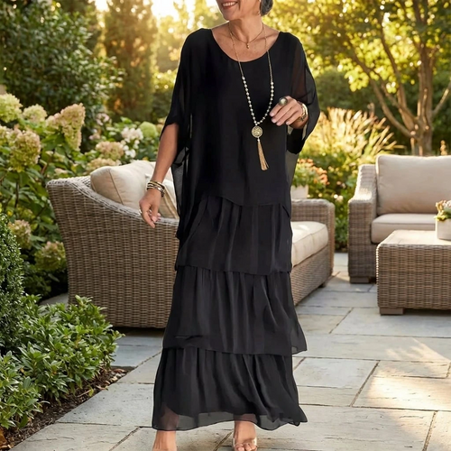 Chiffon Tiered Ruffle Batwing Sleeve Flowy Maxi Dress