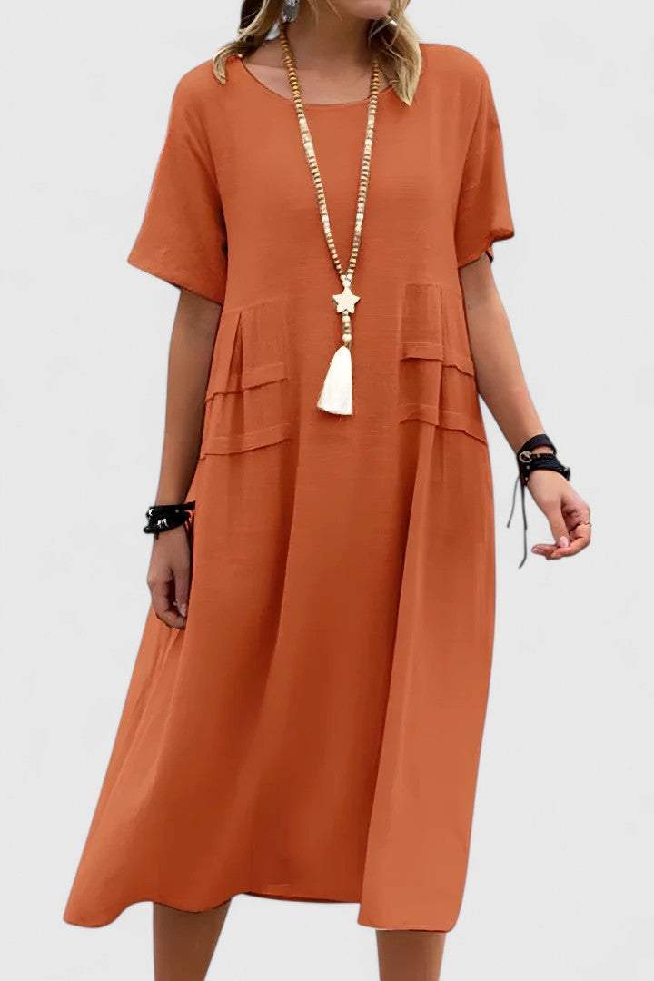 Double Pocket Short Sleeve Loose Fit Linen Midi Dress