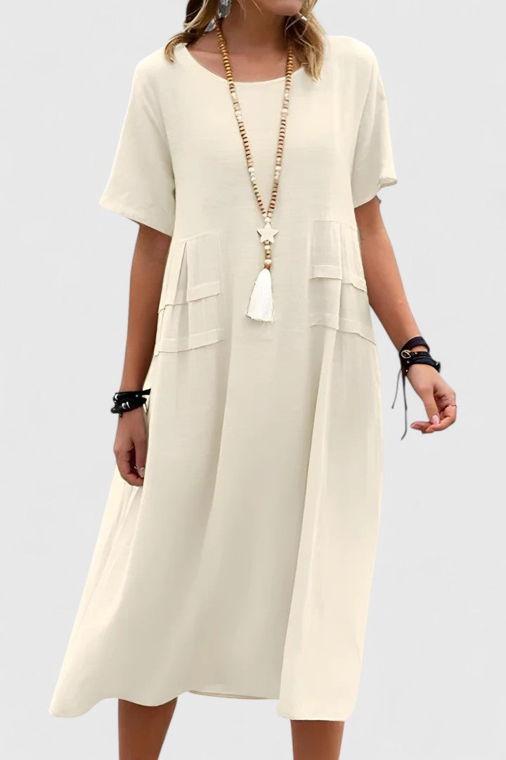 Double Pocket Short Sleeve Loose Fit Linen Midi Dress
