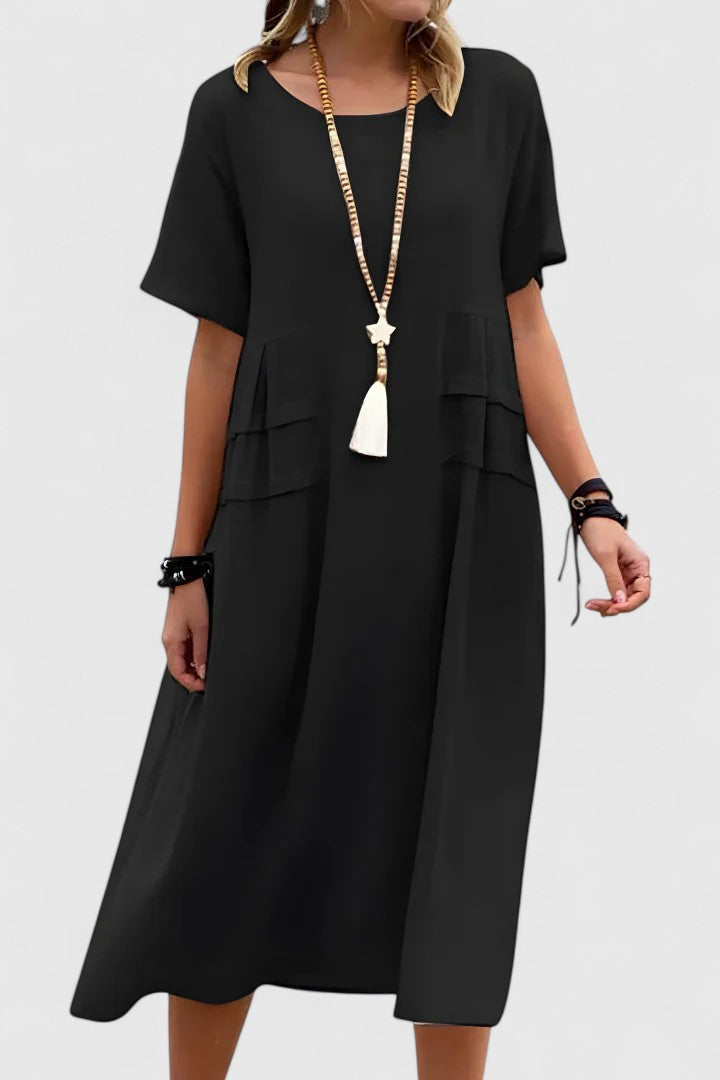 Double Pocket Short Sleeve Loose Fit Linen Midi Dress