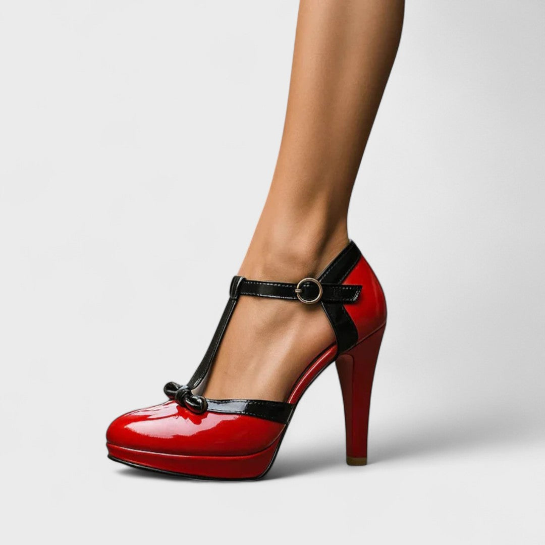 Bow Detail T-Bar Patent Platform Stiletto Heel