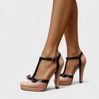 Bow Detail T-Bar Patent Platform Stiletto Heel