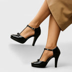 Bow Detail T-Bar Patent Platform Stiletto Heel