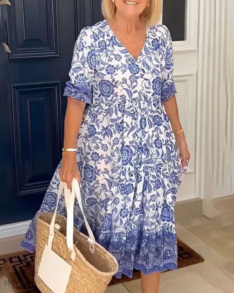 Floral Border Print V Neck Tiered Flowy Maxi Dress