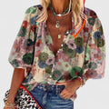 Floral Print Button Front V Neck Relaxed Fit Blouse