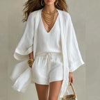 V Neck Cami Kimono Cardigan Drawstring Short Linen Set