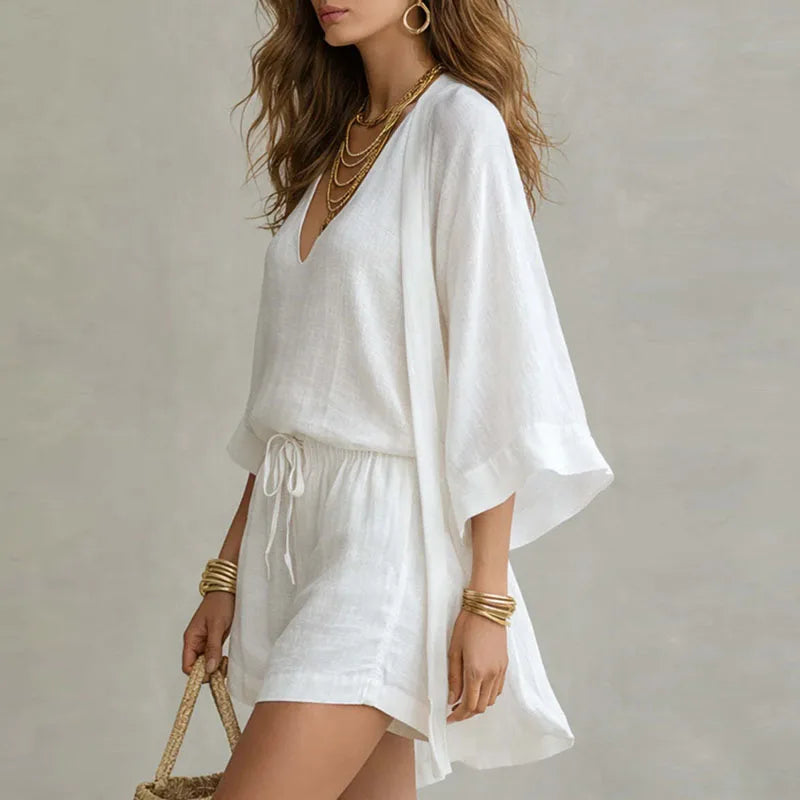 V Neck Cami Kimono Cardigan Drawstring Short Linen Set