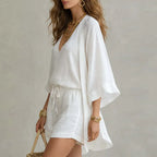 V Neck Cami Kimono Cardigan Drawstring Short Linen Set