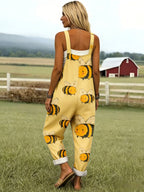 Oversized Bee Print Adjustable Strap Roll Cuff Casual Jumpsuit