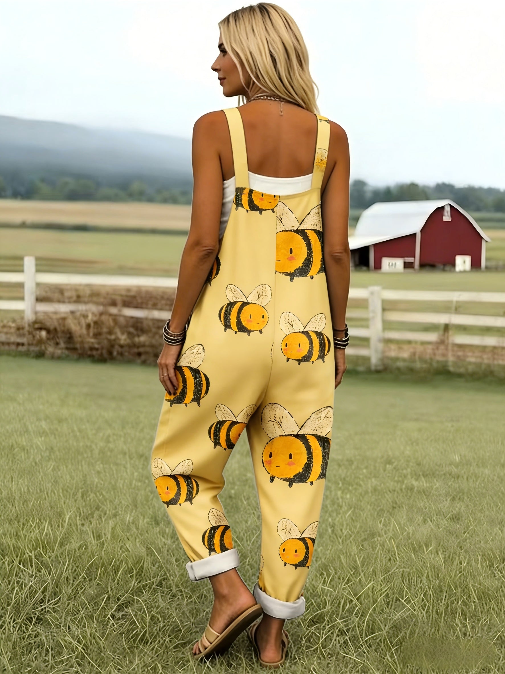 Oversized Bee Print Adjustable Strap Roll Cuff Casual Jumpsuit