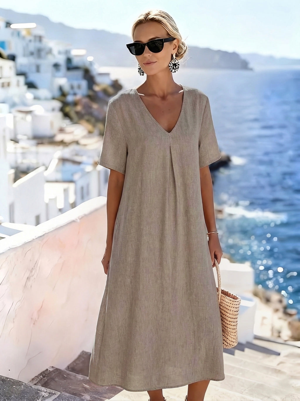 V Neck Pleat Detail Short Sleeve Relaxed Casual Linen Maxi Summer Dress