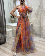 Floral Tulle One Shoulder Split Maxi Dress - Formal Evening Gown